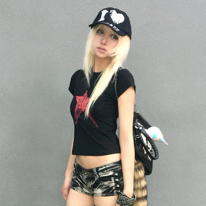 Cathy Dollette Grunge s Star Print Crop Top Trashy 2000s Style Short Sleeve  Japanese  Streetwear American Retro 90s