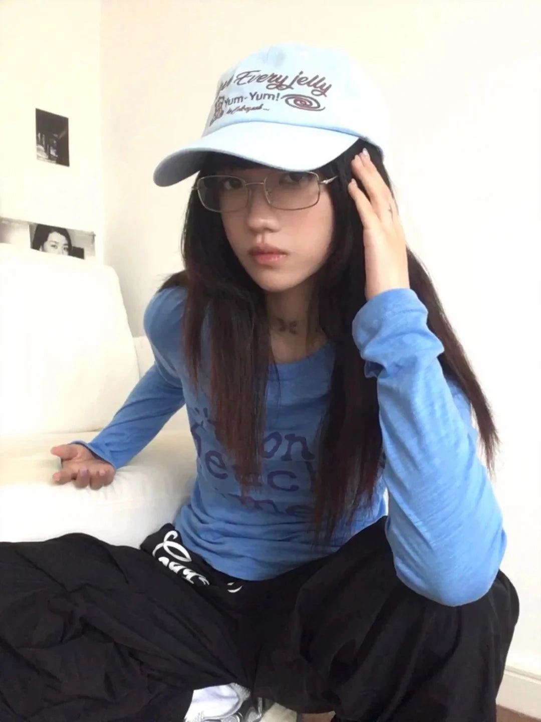Cathy Dollette Harajuku Print Letter   Long Sleeve Blue Tee Top Grunge Top2000s Japanese Streetwear Tshirt
