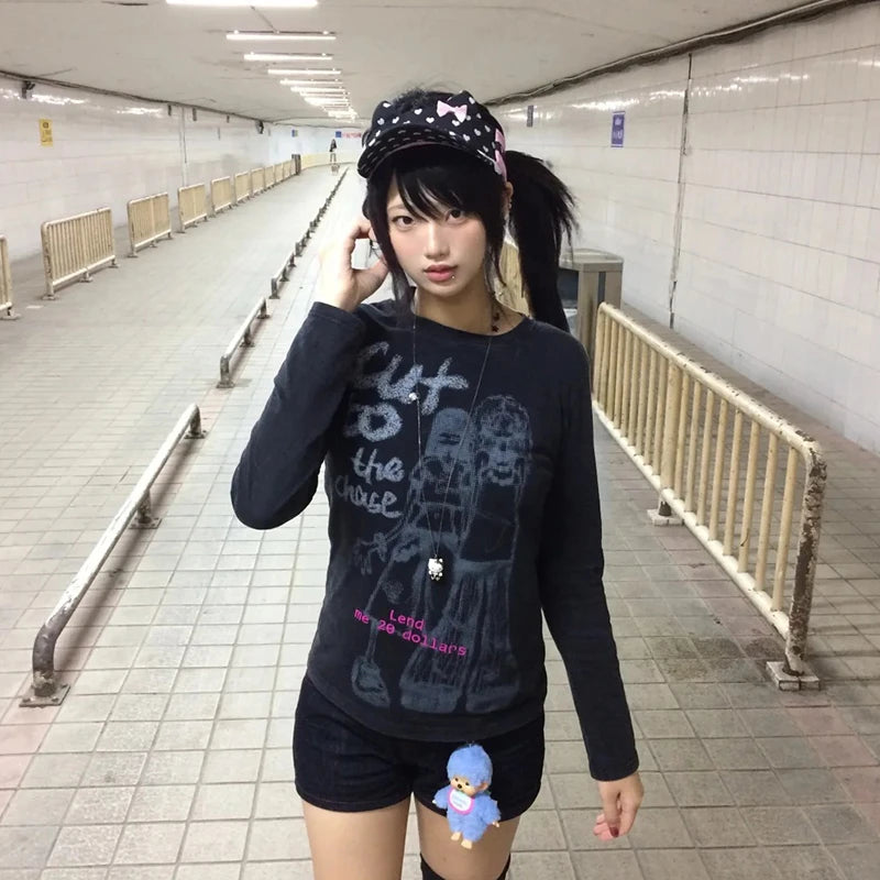 Cathy Dollette Harajuku Print Graphic TopLong Sleeve Cartoon   Tee TopBlack Vintage TopJapanese 2000s Streetwear