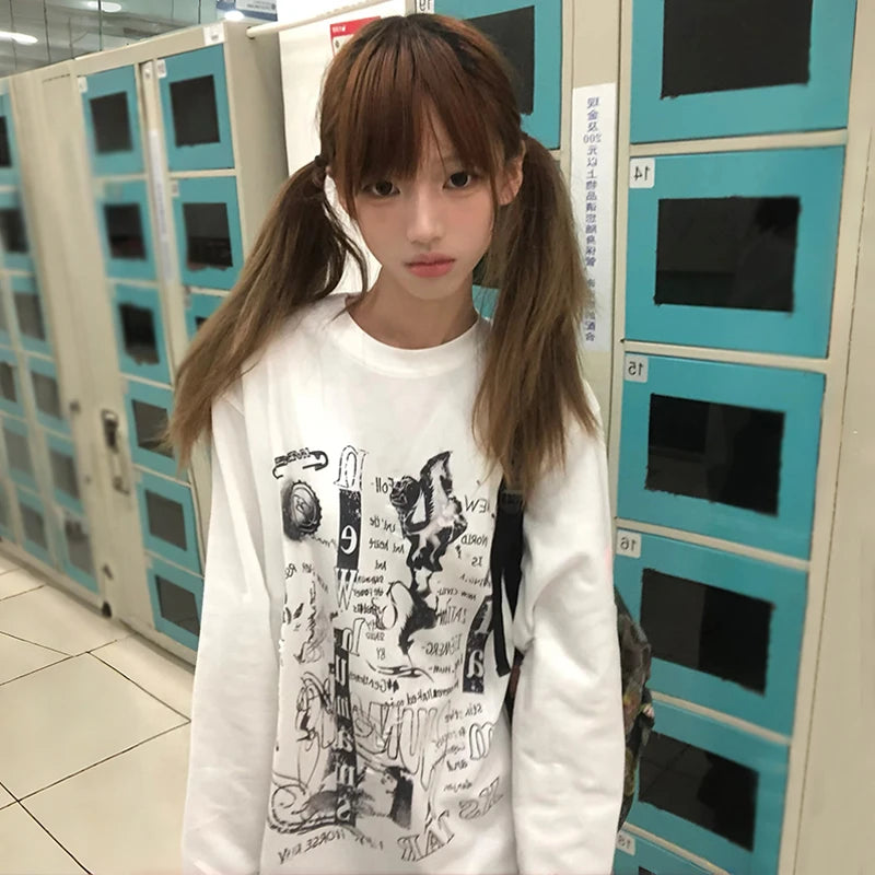 Cathy Dollette Japanese  Letter Print  2000s Style Long Sleeve White T Shirt Vintage Harajuku Oversized TopAmerican Retro