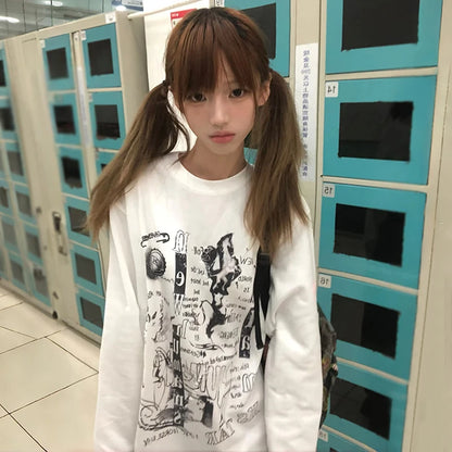 Cathy Dollette Japanese  Letter Print  2000s Style Long Sleeve White T Shirt Vintage Harajuku Oversized TopAmerican Retro