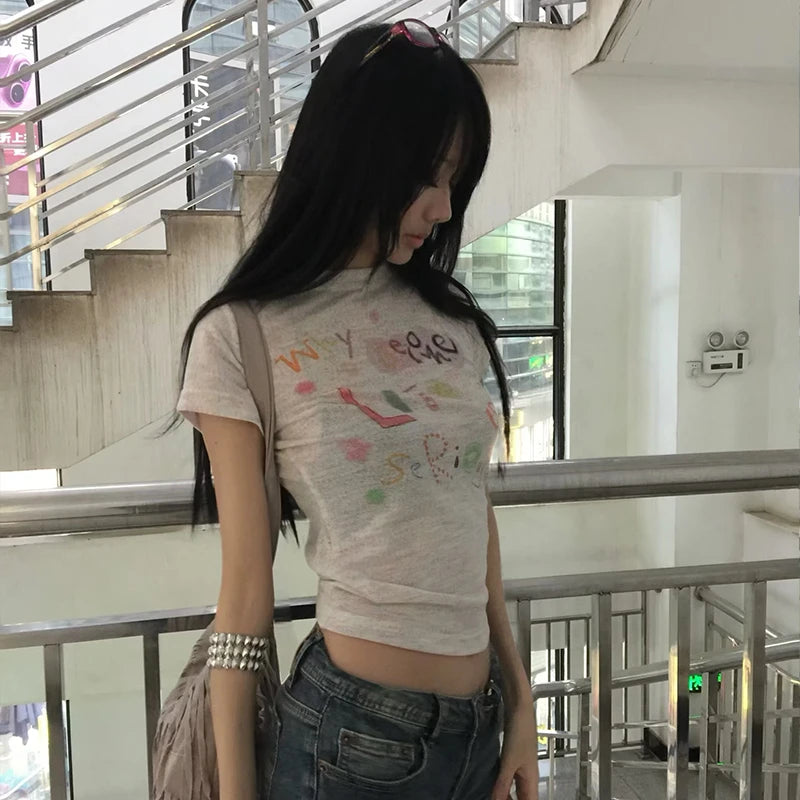 Cathy Dollette Japanese  Letter Print Knitted  Vintage Harajuku Crop Top 2000s Style Short Sleeve Tee Shirt American Retro