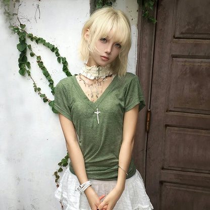 Cathy Dollette Japanese  Green Knitted  Trashy 2000s Style V-neck Top Vintage Harajuku Short Sleeve Tee Shirt American Retro