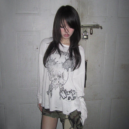 Cathy Dollette Grunge s Skull Print  Trashy 2000s Style Distressed TopVintage Punk Long Sleeve   Gothic Emo