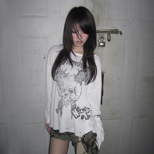 Cathy Dollette Grunge s Skull Print  Trashy 2000s Style Distressed TopVintage Punk Long Sleeve   Gothic Emo
