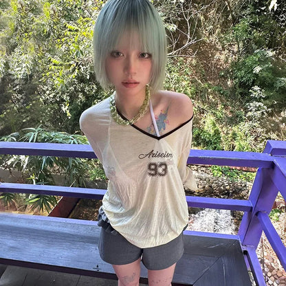 Cathy Dollette Japanese  Sheer TopVintage 2000s Style See Through  Harajuku s Letter Print V-neck Top American 90s
