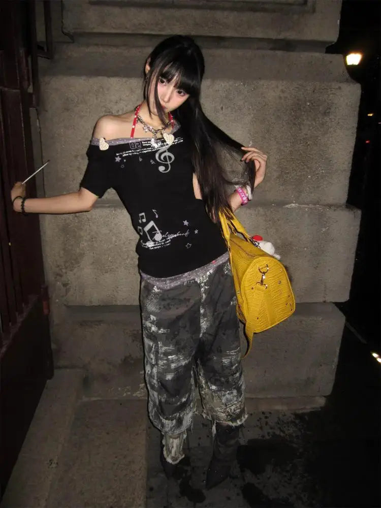 Cathy Dollette Patchwork Graphic T Shirts 2000s Clothes  Off Shoulder Tees Female Clothing Short Sleeve  Summer TopChic Tee