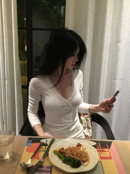 Cathy Dollette Hotsweet V-neck T Shirt  Clothes Long Sleeve Tees Female Clothing Autumn Top2000s Clothes  Slim s Chic