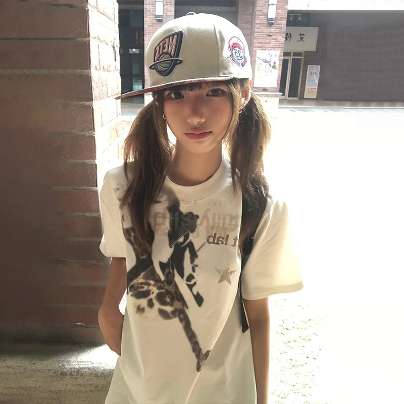 Cathy Dollette Japanese  Graffiti Print  Trashy 2000s Style Short Sleeve T Shirt Vintage Harajuku Loose Tee Shirt American
