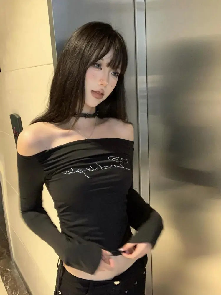 Cathy Dollette Black Graphic T Shirts Off Shoulder Long Sleeve 2000s Clothes  Autumn TopSlim Tees Female Clothing Goth