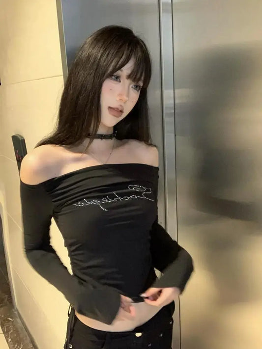 Cathy Dollette Black Graphic T Shirts Off Shoulder Long Sleeve 2000s Clothes  Autumn TopSlim Tees Female Clothing Goth