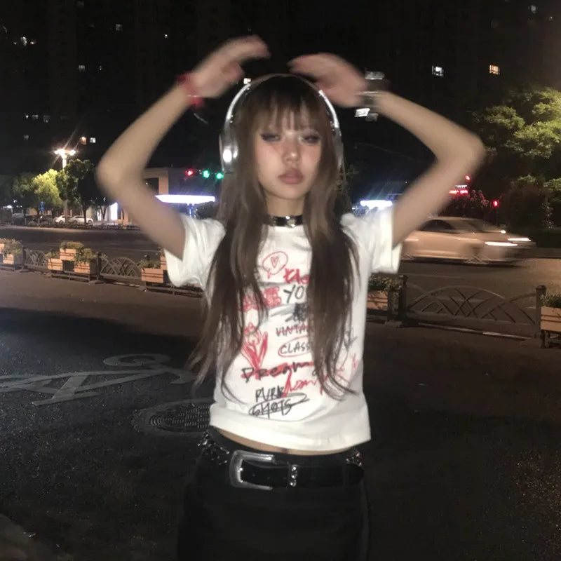 Cathy Dollette Japanese   s 2000s Graffiti TopHarajuku Graphic Print Short Sleeve Tshirt E-girls Goth Tees Grunge