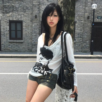 Cathy Dollette Japanese  Graffiti Print TopTrashy 2000s Oversized  High Street Grunge Lazy Style Streetwear American Retro