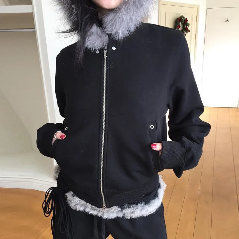 Cathy Dollette Japanese  Thin Fur Coat  Vintage Korean Style Black Hooded Jacket Grunge s Fur Collar Zipper Coat 00s