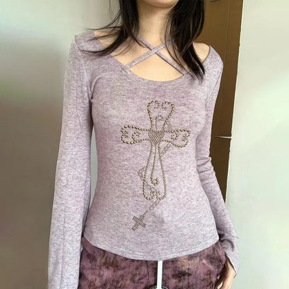 Cathy Dollette Japanese  Knitted TopGrunge s Flare Sleeve s Vintage Harajuku Purple Knitwear American Retro 2000s