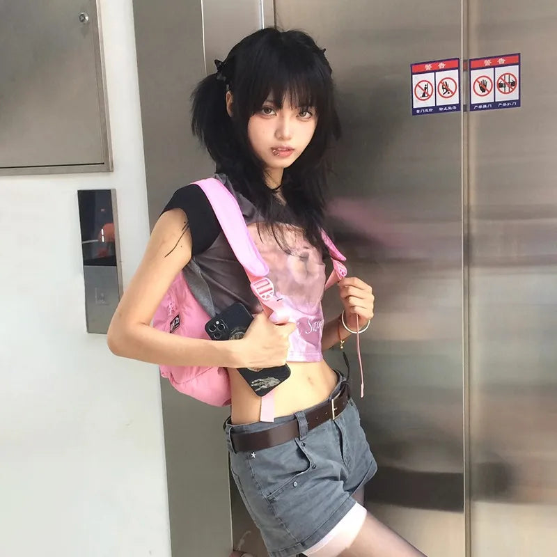 Cathy Dollette Japanese  Crop Top 2000s s Bear Print Short Sleeve  Vintage Harajuku Lace Patchwork Tee Shirt Lolita