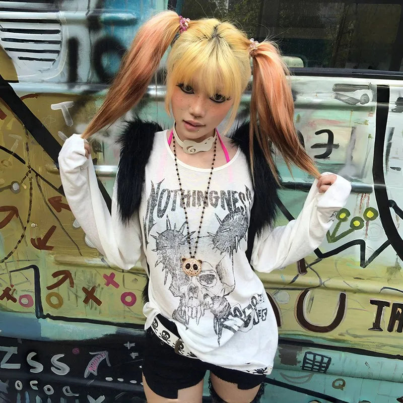 Cathy Dollette Japanese  Tattoo Print TopTrashy 2000s Style Skull Long Sleeve  Grunge Gothic Streetwear Vintage Harajuku