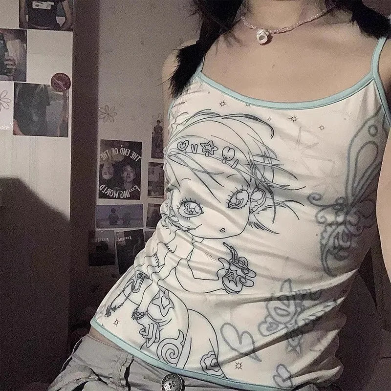 Cathy Dollette  s Cami Top Fairycore Anime Print Camisole 2000s Kawaii Crop Top Japanese Harajuku Tank TopGrunge E-girls