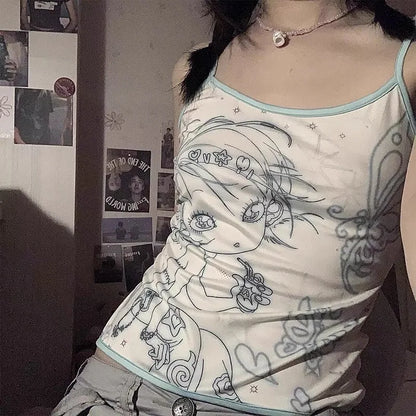 Cathy Dollette  s Cami Top Fairycore Anime Print Camisole 2000s Kawaii Crop Top Japanese Harajuku Tank TopGrunge E-girls