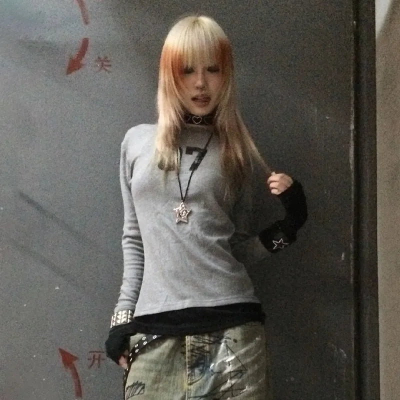 Cathy Dollette Trashy  Number Print  Grunge s Gray Patchwork TopGothic Vintage Punk Long Sleeve Tee Shirt American