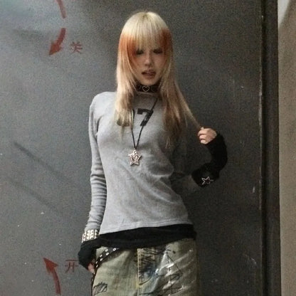 Cathy Dollette Trashy  Number Print  Grunge s Gray Patchwork TopGothic Vintage Punk Long Sleeve Tee Shirt American