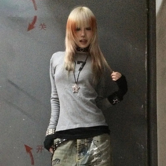 Cathy Dollette Trashy  Number Print  Grunge s Gray Patchwork TopGothic Vintage Punk Long Sleeve Tee Shirt American