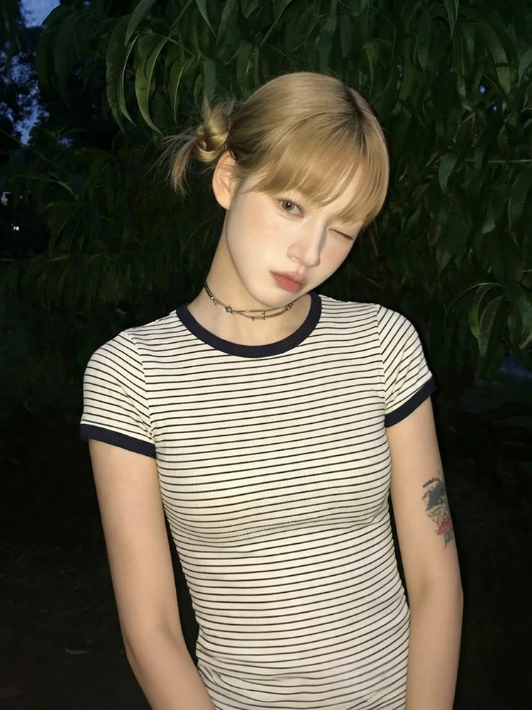 Cathy Dollette Short Sleeve Slim Striped T Shirt Streetwear Tee TopVintage American Retro Tshirts E-girls