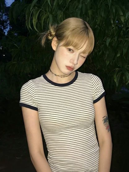 Cathy Dollette Short Sleeve Slim Striped T Shirt Streetwear Tee TopVintage American Retro Tshirts E-girls