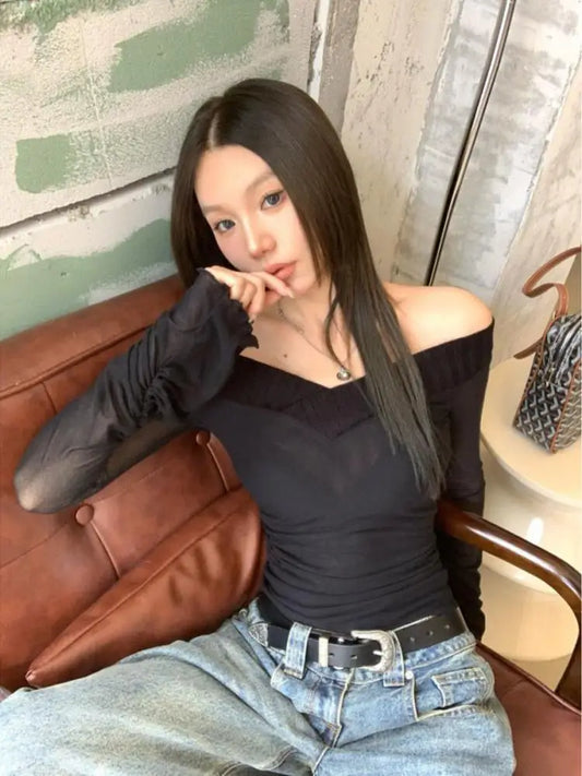 Cathy Dollette Vintage T Shirt  V Neck  Crop TopSee Through Streetwear Korean Style Skinny Tshrit Autumn Winter Tee Tops