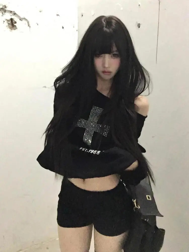 Cathy Dollette Cross One-shoulder Graphic Hoodies Long Sleeve Black 's Sweatshirts Harajuku Grunge 2000s Clothes  Autumn Tops