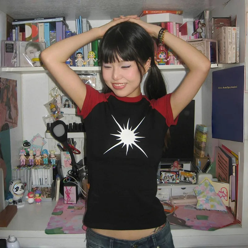 Cathy Dollette Japanese  Patchwork  Vintage Harajuku Short Sleeve Tee Shirt Trashy 2000s Style Crop Top American Retro 90s