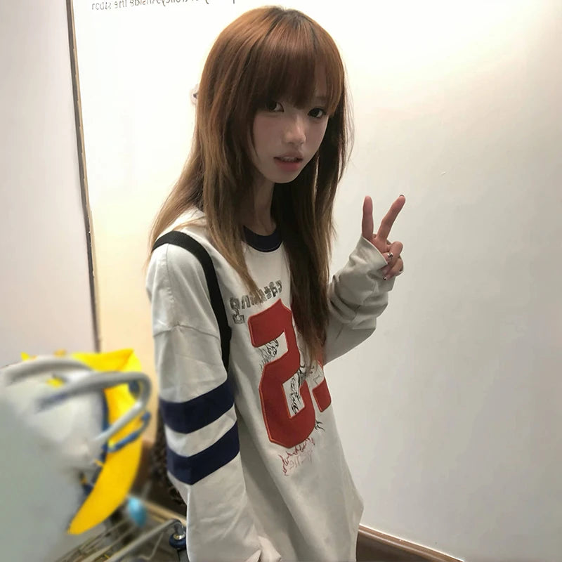 Cathy Dollette Japanese  Number Print  2000s s Long Sleeve Jersey TopVintage Harajuku Streetwear American Retro