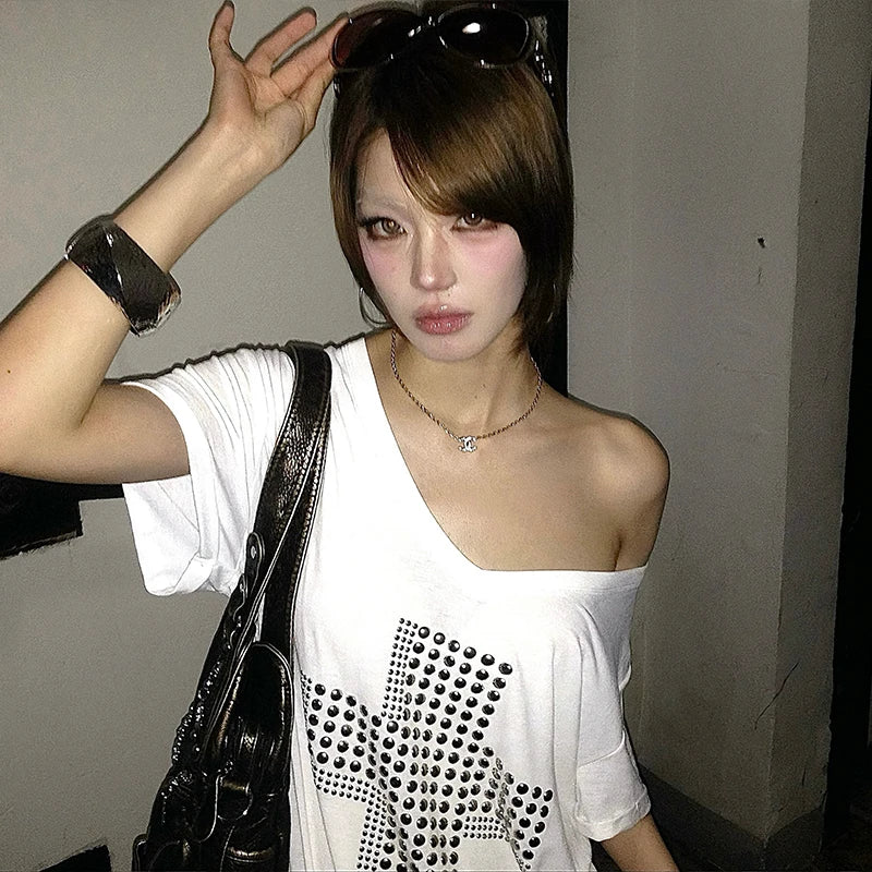 Cathy Dollette Japanese  Metal Cross Print  Trashy 2000s V-neck Sheer TopVintage Harajuku Short Sleeve Streetwear Grunge