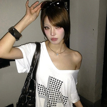 Cathy Dollette Japanese  Metal Cross Print  Trashy 2000s V-neck Sheer TopVintage Harajuku Short Sleeve Streetwear Grunge