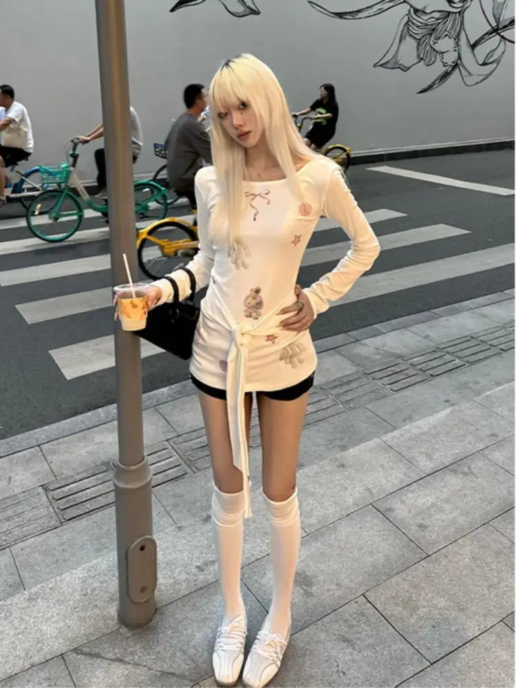 Cathy Dollette  Print Graphic T Shirts Long Sleeve Lace Up Japanese Style Spring Top Kawaii Tees Female Clothing Chic