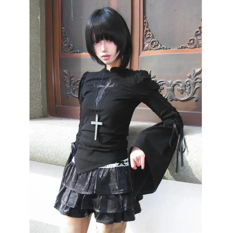 Cathy Dollette Black Gothic Hollow Out Cross T Shirt  Long Sleeve Streetwear Slim Flare Sleeve Spring Top2000s Clothes  Tees