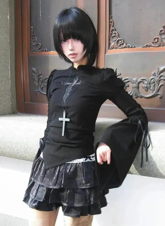 Cathy Dollette Black Hollow Out Cross Flare Sleeve Top