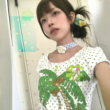 Cathy Dollette Japanese  Kawaii  2000s s Coconut Tree Print T Shirt Vintage Harajuku Polka Dots Crop TopLolita 90s