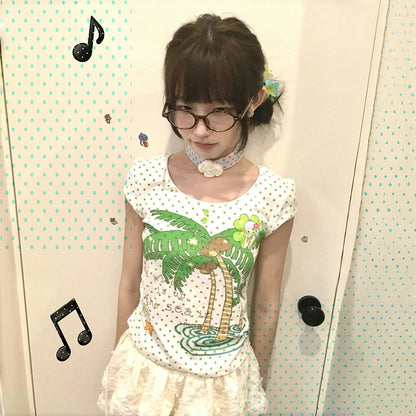 Cathy Dollette Japanese  Kawaii  2000s s Coconut Tree Print T Shirt Vintage Harajuku Polka Dots Crop TopLolita 90s