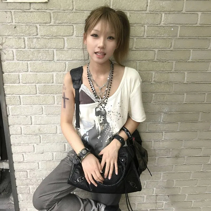 Cathy Dollette  Grunge s Fake Two-piece  Trashy  Graffiti Print T Shirt Vintage Harajuku Irregular Patchwork Top90s