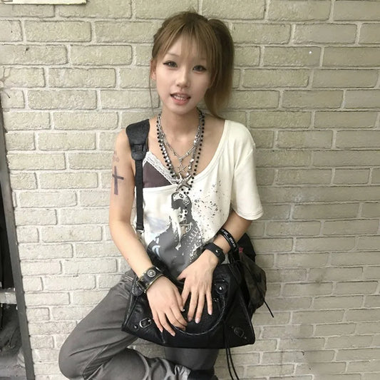 Cathy Dollette  Grunge s Fake Two-piece  Trashy  Graffiti Print T Shirt Vintage Harajuku Irregular Patchwork Top90s