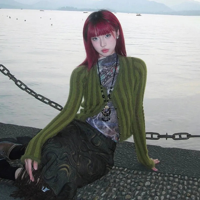 Cathy Dollette Japanese  Crop Cardigan Vintage Harajuku Knitted Outerwears 2000s s V-neck Knitwear Striped American Retro