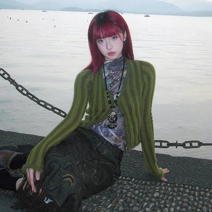 Cathy Dollette Japanese  Crop Cardigan Vintage Harajuku Knitted Outerwears 2000s s V-neck Knitwear Striped American Retro