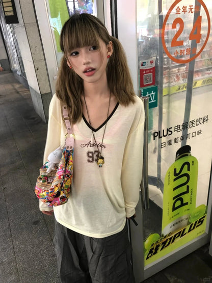 Cathy Dollette Korean Style Print   Long Sleeve Loose Casual TopSee Through  Japanese Tshirts 2000s Streetwear Tops