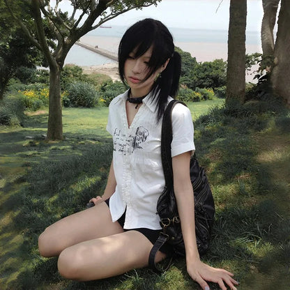 Cathy Dollette  s Pleated Shirt Grunge Gothic Skull Print White Shirts Trashy 2000s Style V-neck Blouses Japanese Harajuku