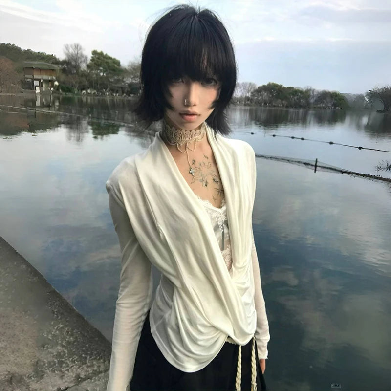 Cathy Dollette Japanese  Cross TopTrashy 2000s Style V-neck Long Sleeve  Vintage Harajuku White Irregular TopAmerican 90s