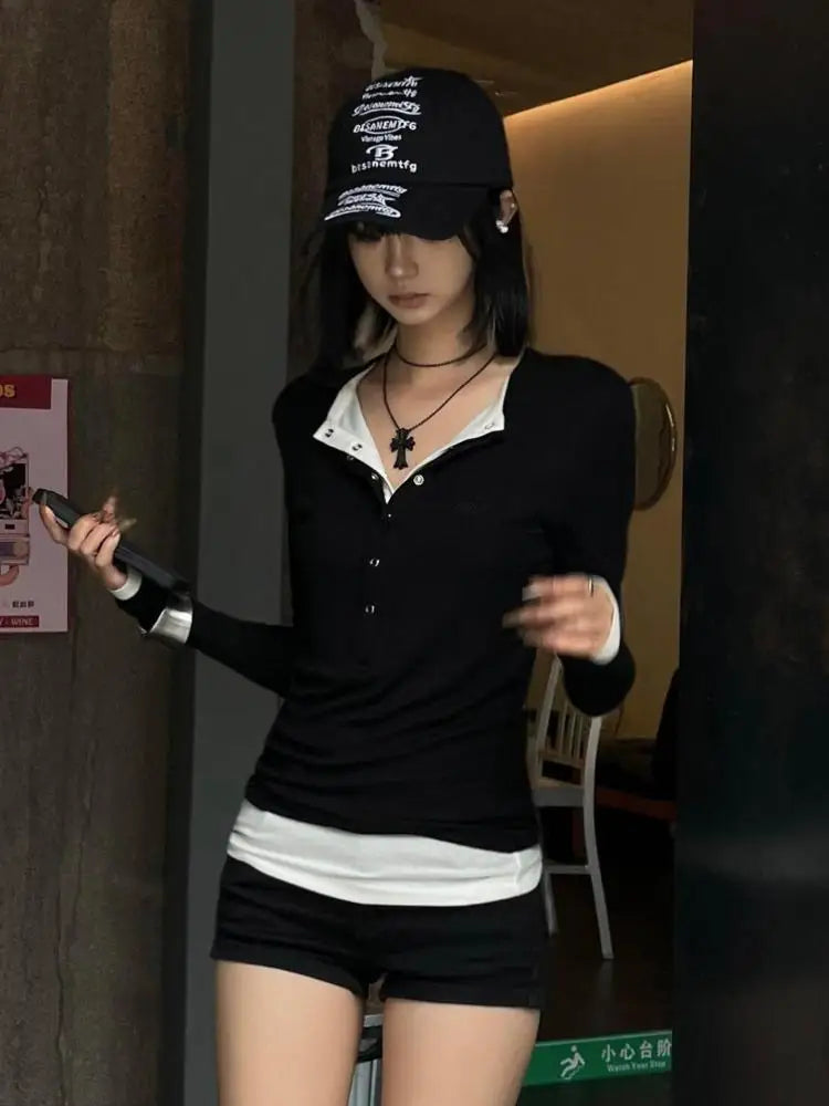 Cathy Dollette Patchwork Fake Two Piece T Shirt  Clothes Long Sleeve Gothic 2000s Clothes  Tees Female Clothing Autumn Tops