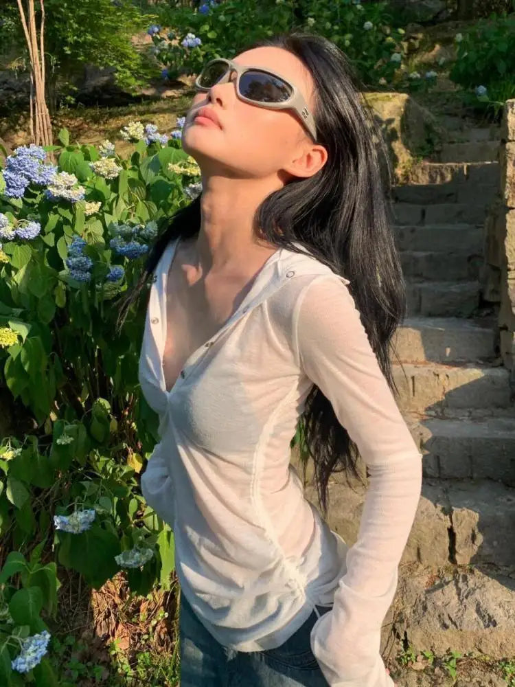 Cathy Dollette Hooded T Shirt  Clothes Long Sleeve See Through Slim 2000s Clothes  Tees Female Clothing Chic Spring TopKorean