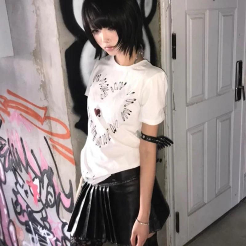 Cathy Dollette Japanese  Heart print  Trashy 2000s Style Short Sleeve Tee Shirt Vintage Harajuku Streetwear Grunge s