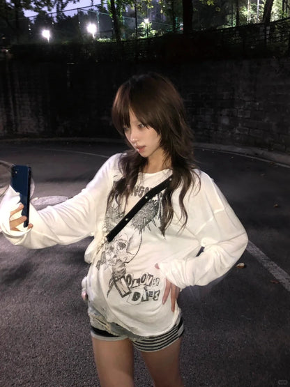 Cathy Dollette Japanese Vintage   Loose Casual Print Graphic Top Grunge TopBroke Hole Tee TopAmerican Retro